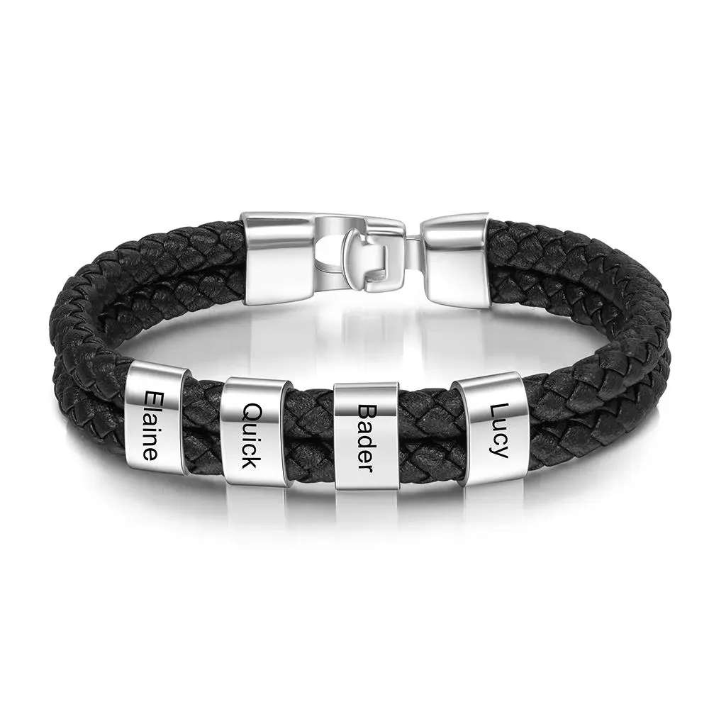 Personalised Braided Leather Bracelet Engraved 1 Name Men's Bracelet Gifts For Him