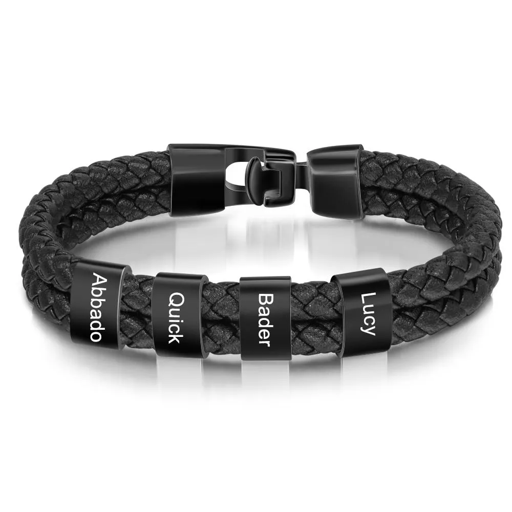 Personalised Braided Leather Bracelet Engraved 1 Name Men's Bracelet Gifts For Him