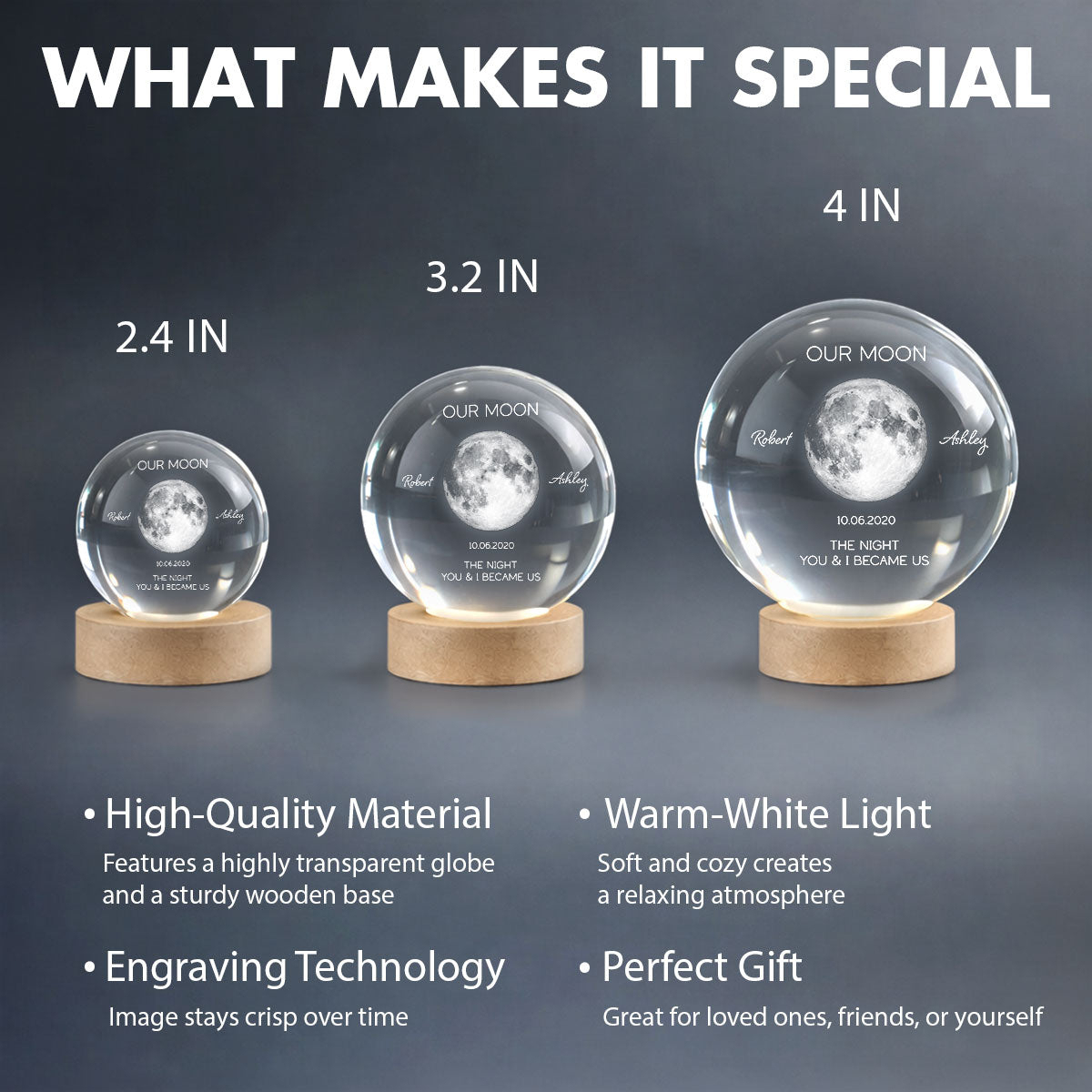 Personalized Moon Phase Crystal Ball Night Light - Custom Date Gift for Mom & Her - Unique Anniversary or Birthday Keepsake