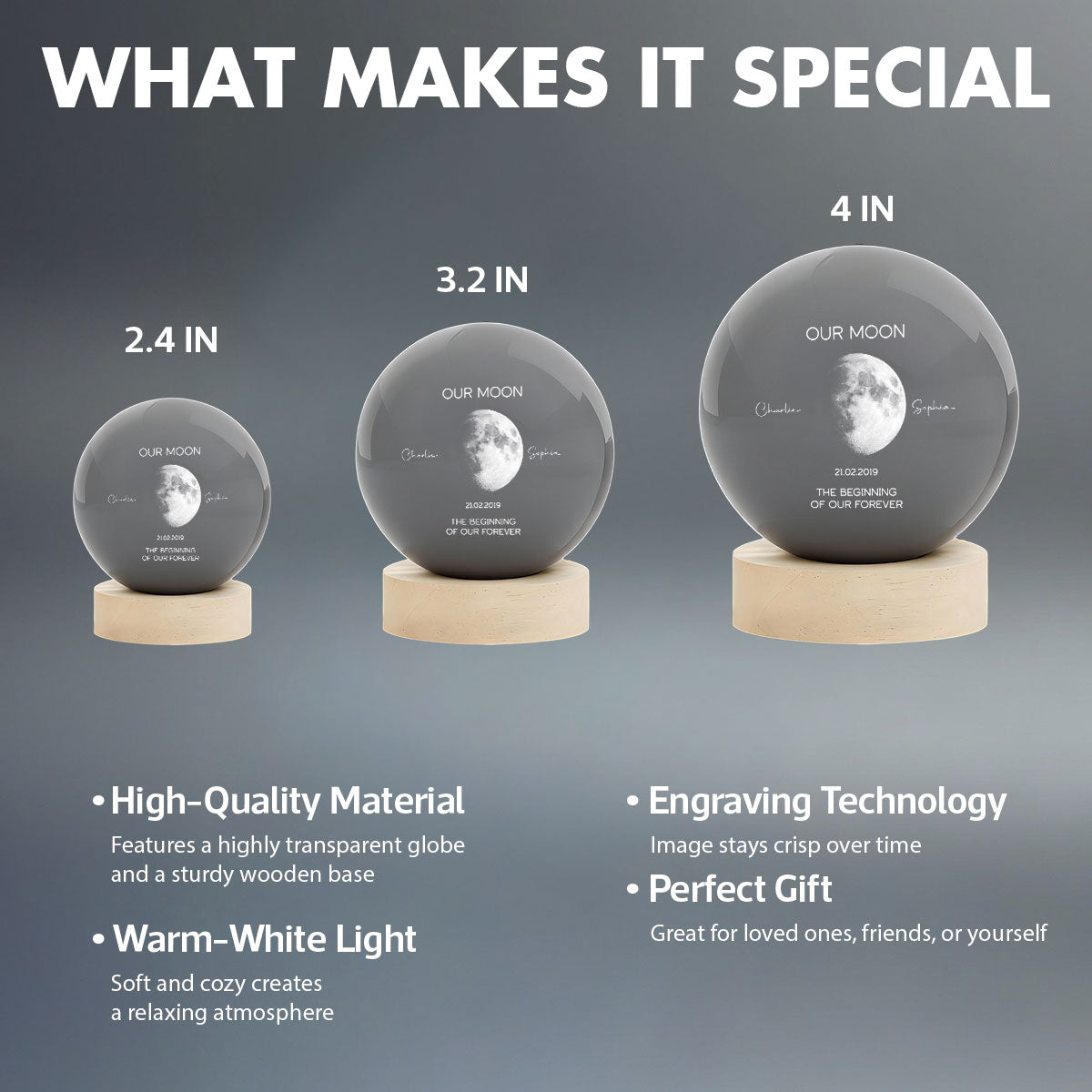 Our Moon Special Date, Custom Moon Phase by Date - Personalized Crystal Ball Night Light - Heartfelt Anniversary Gift for her, for him