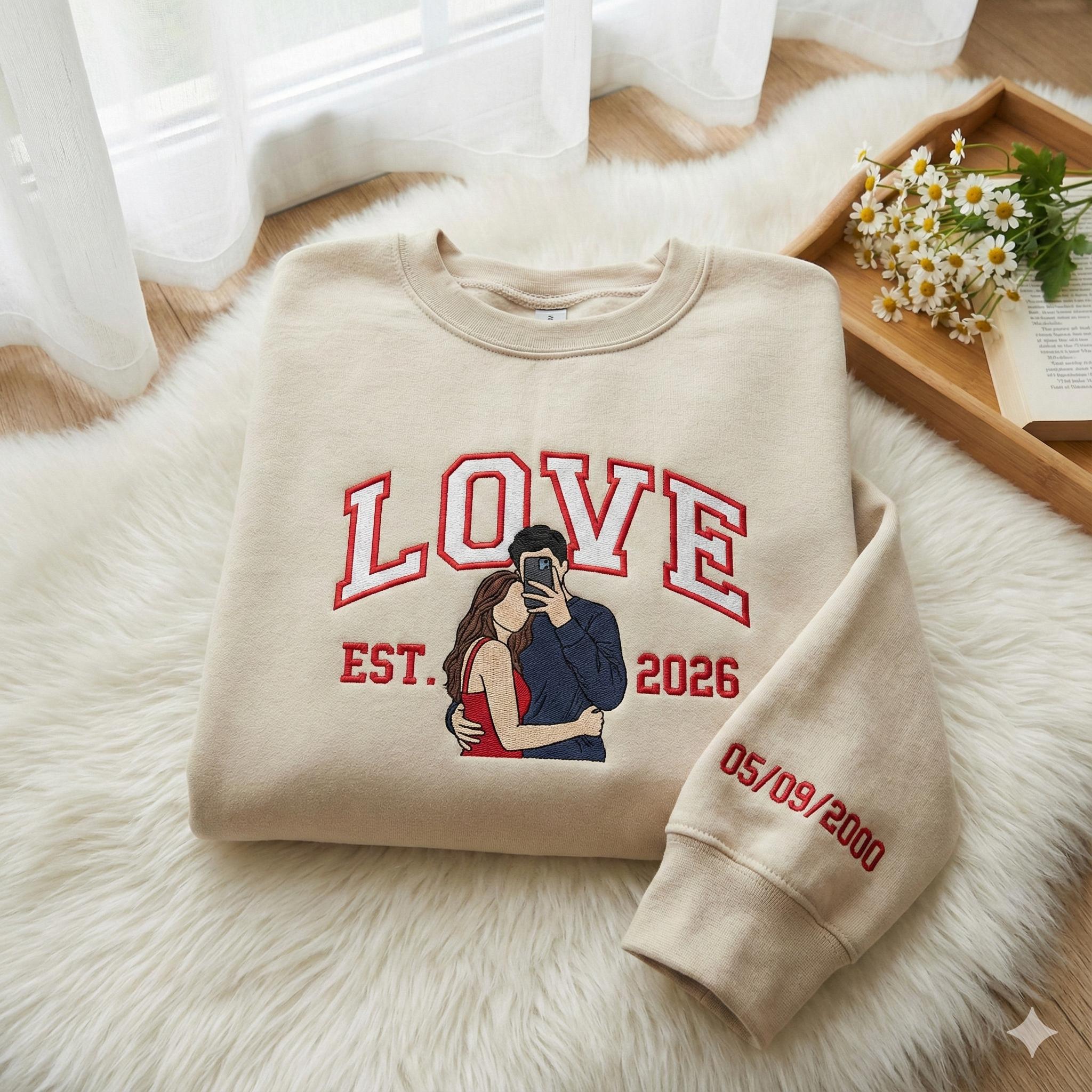 Custom Embroidered Couple Portrait Sweatshirt – Your Photo, Names & Anniversary Date