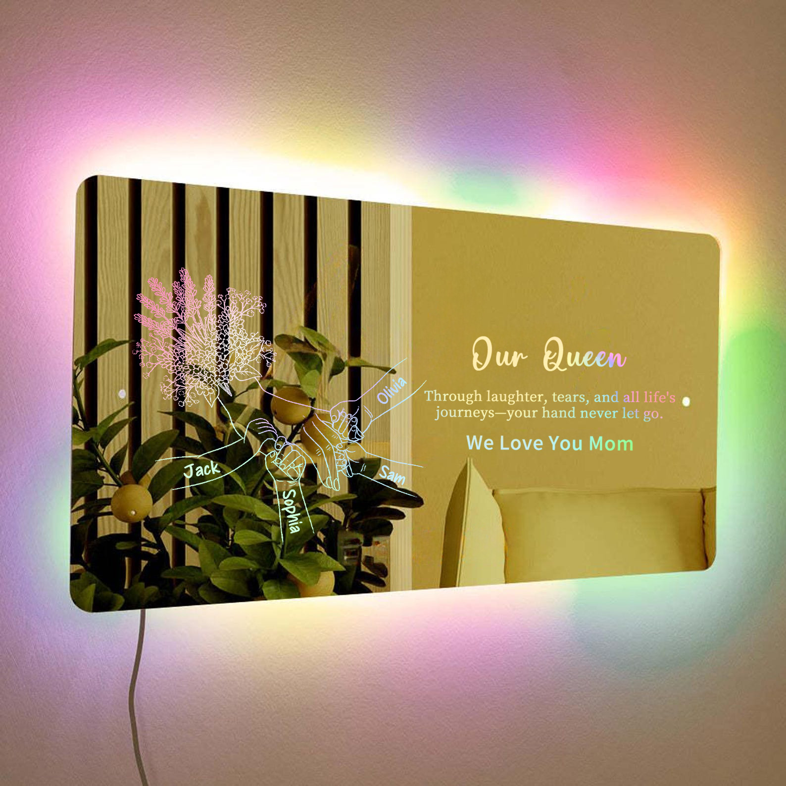 (Lavender) Personalized Mom Holding Hands Mirror Light - Custom Mother‘s Day Gifts for Mom