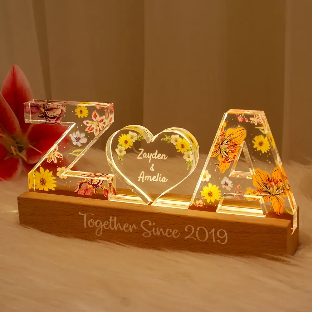 Couple Initials Floral Theme Anniversary Gift Personalized Acrylic Block LED Night Light
