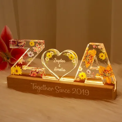 Couple Initials Floral Theme Anniversary Gift Personalized Acrylic Block LED Night Light