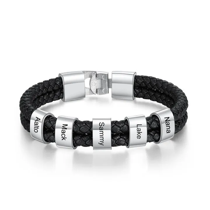 Personalised Braided Leather Bracelet Engraved 1 Name Men's Bracelet Gifts For Him