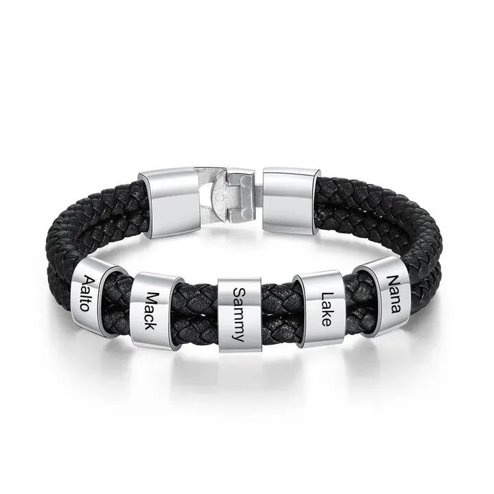 Personalised Braided Leather Bracelet Engraved 1 Name Men's Bracelet Gifts For Him