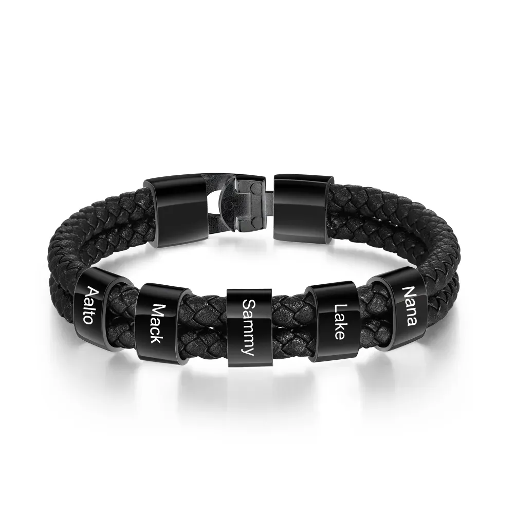 Personalised Braided Leather Bracelet Engraved 1 Name Men's Bracelet Gifts For Him