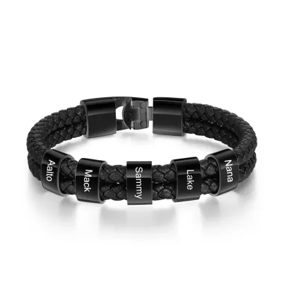 Personalised Braided Leather Bracelet Engraved 1 Name Men's Bracelet Gifts For Him