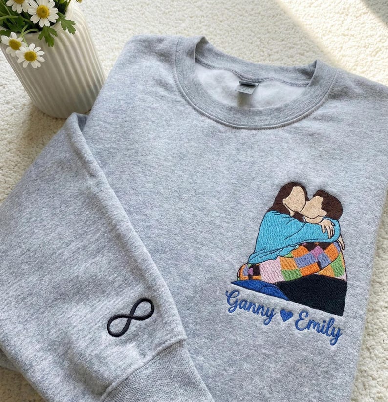 Custom Couple Portrait Embroidered Sweatshirt, Custom Roman Numberal Embroidered Sweatshirt
