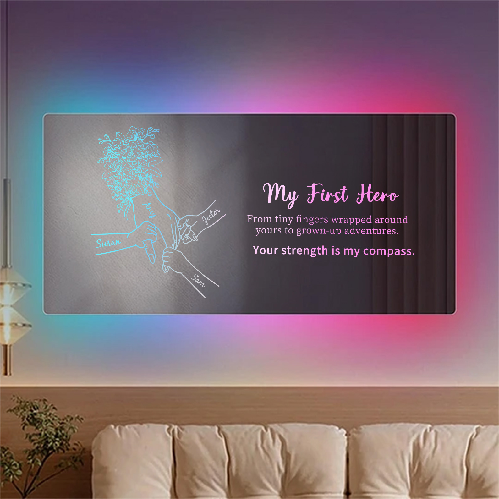 Custom Mom Holding Hands Mirror Light with Choice of Bouquet - Personalized Mother‘s Day Gifts for Mom