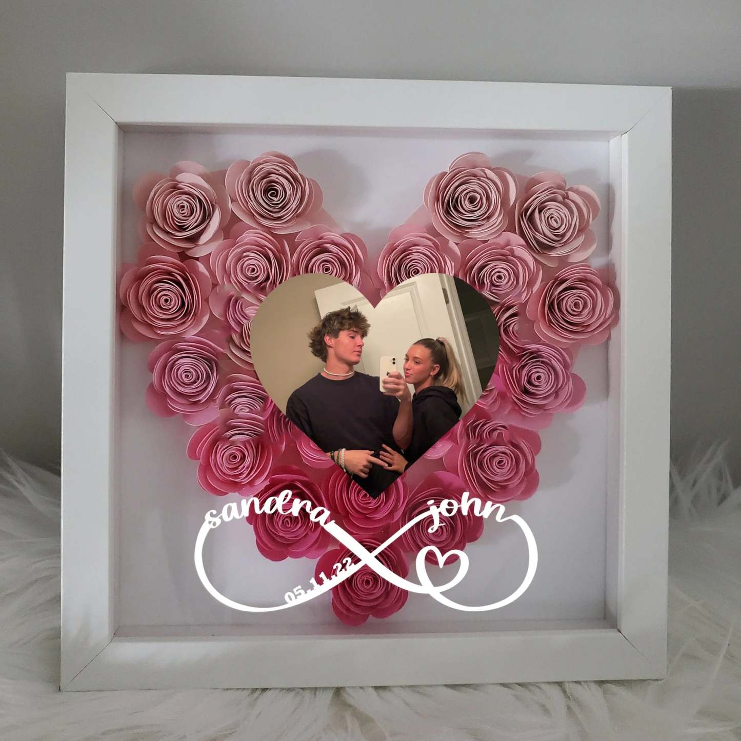 Personalized Roses Flower Shadow Box With Couple Photo For Wedding Anniversary Valentine's Day