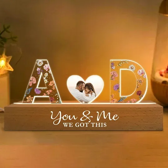 Couple Initials Floral Theme Anniversary Gift Personalized Acrylic Block LED Night Light