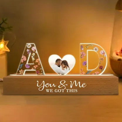 Couple Initials Floral Theme Anniversary Gift Personalized Acrylic Block LED Night Light