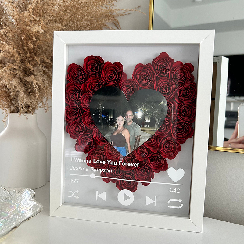 Personalized Roses Flower Shadow Box With Couple Photo For Wedding Anniversary Valentine's Day