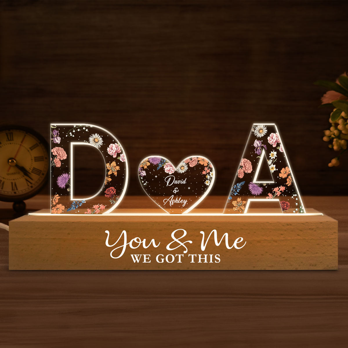 Couple Initials Floral Theme Anniversary Gift Personalized Acrylic Block LED Night Light