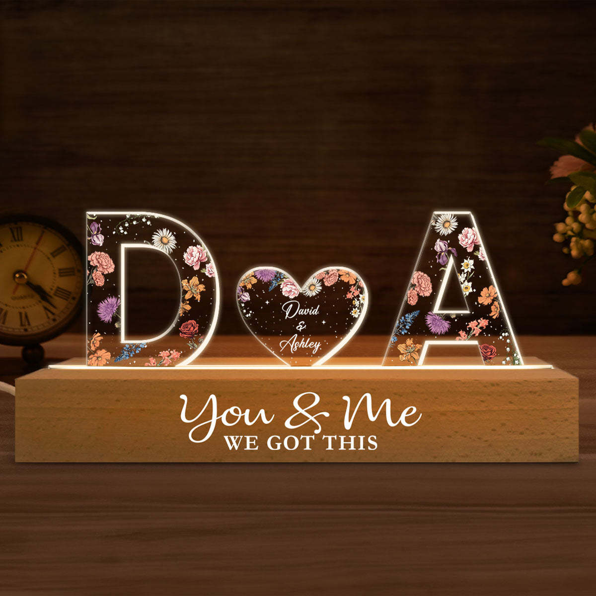 Couple Initials Floral Theme Anniversary Gift Personalized Acrylic Block LED Night Light