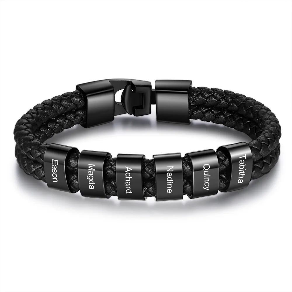 Personalised Braided Leather Bracelet Engraved 1 Name Men's Bracelet Gifts For Him