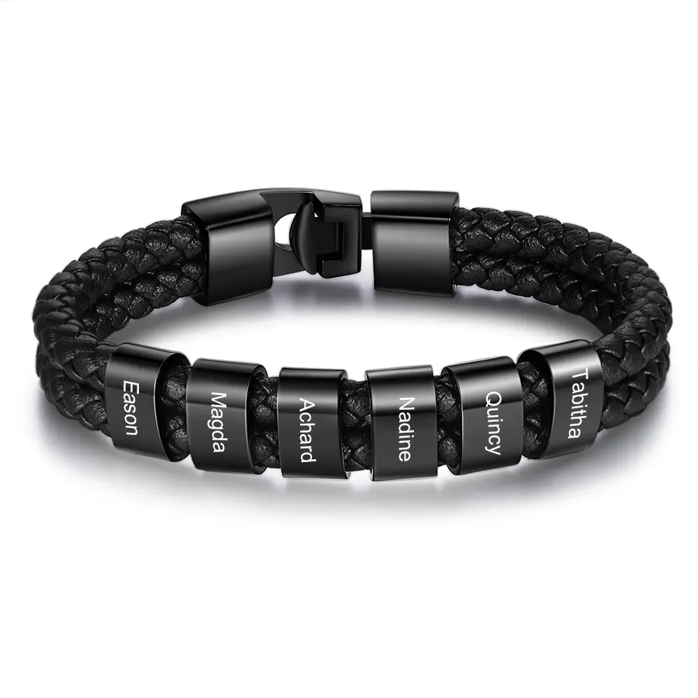 Personalised Braided Leather Bracelet Engraved 1 Name Men's Bracelet Gifts For Him