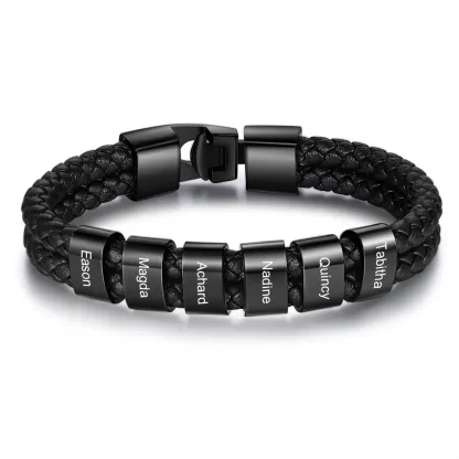 Personalised Braided Leather Bracelet Engraved 1 Name Men's Bracelet Gifts For Him