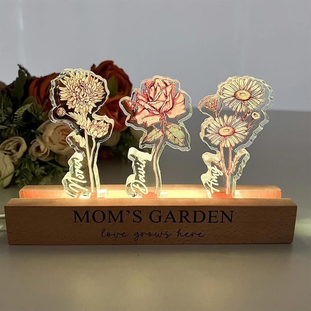 ✨Custom Birth Flower 3D Crystal Acrylic LED Light With Children's Names