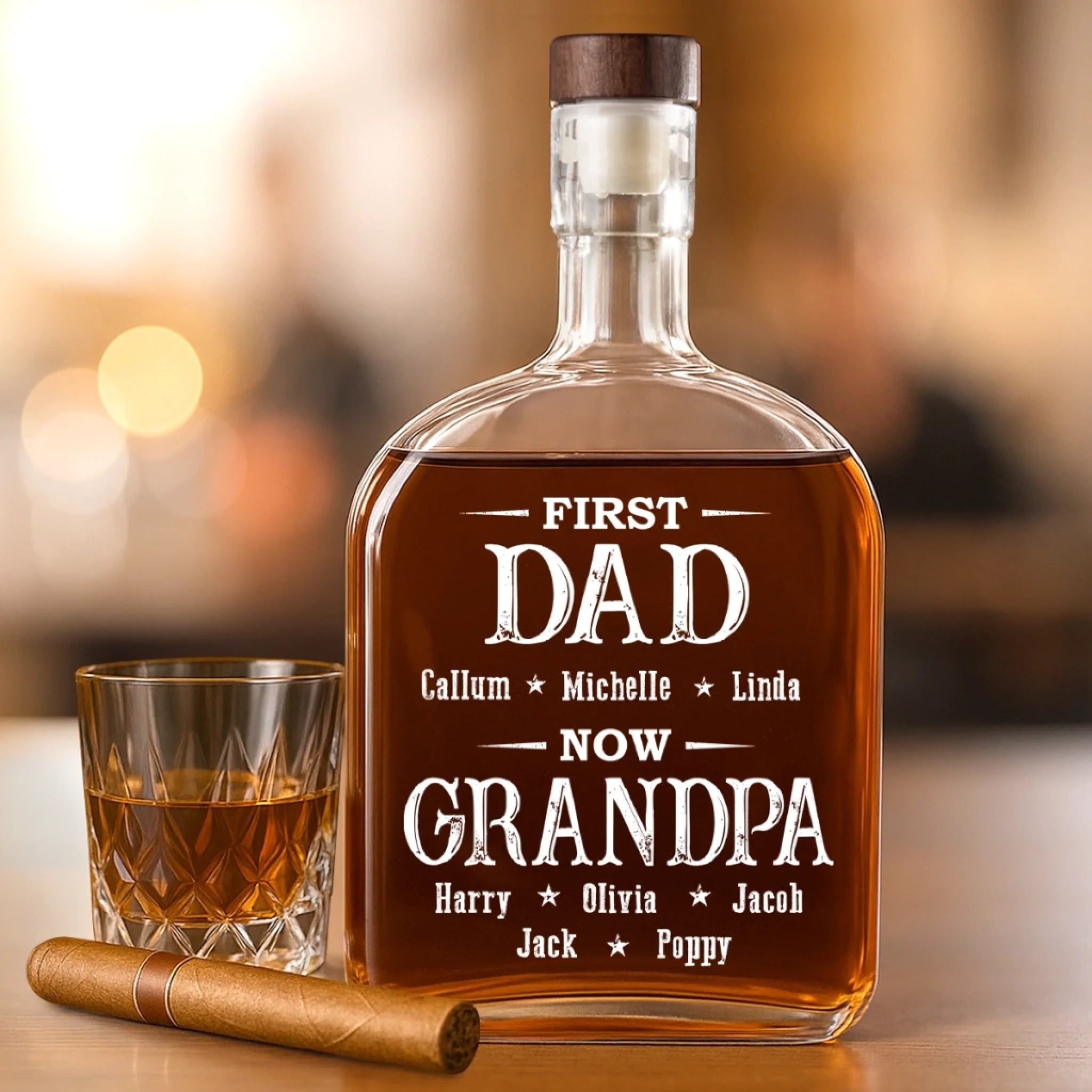 First Dad Now The Favorite - Family Personalized Custom Whiskey Bottle - Father's Day, Gift For Dad, Grandpa