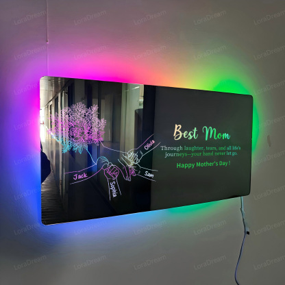 Custom Mom Holding Hands Mirror Light - Personalized Mother‘s Day Gifts with Choice of Bouquet for Mom