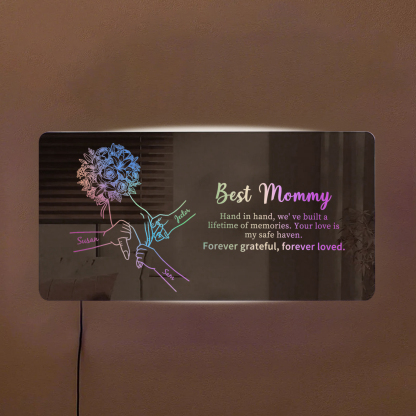 Custom Mom Holding Hands Mirror Light with Choice of Bouquet - Personalized Mother‘s Day Gifts for Mom