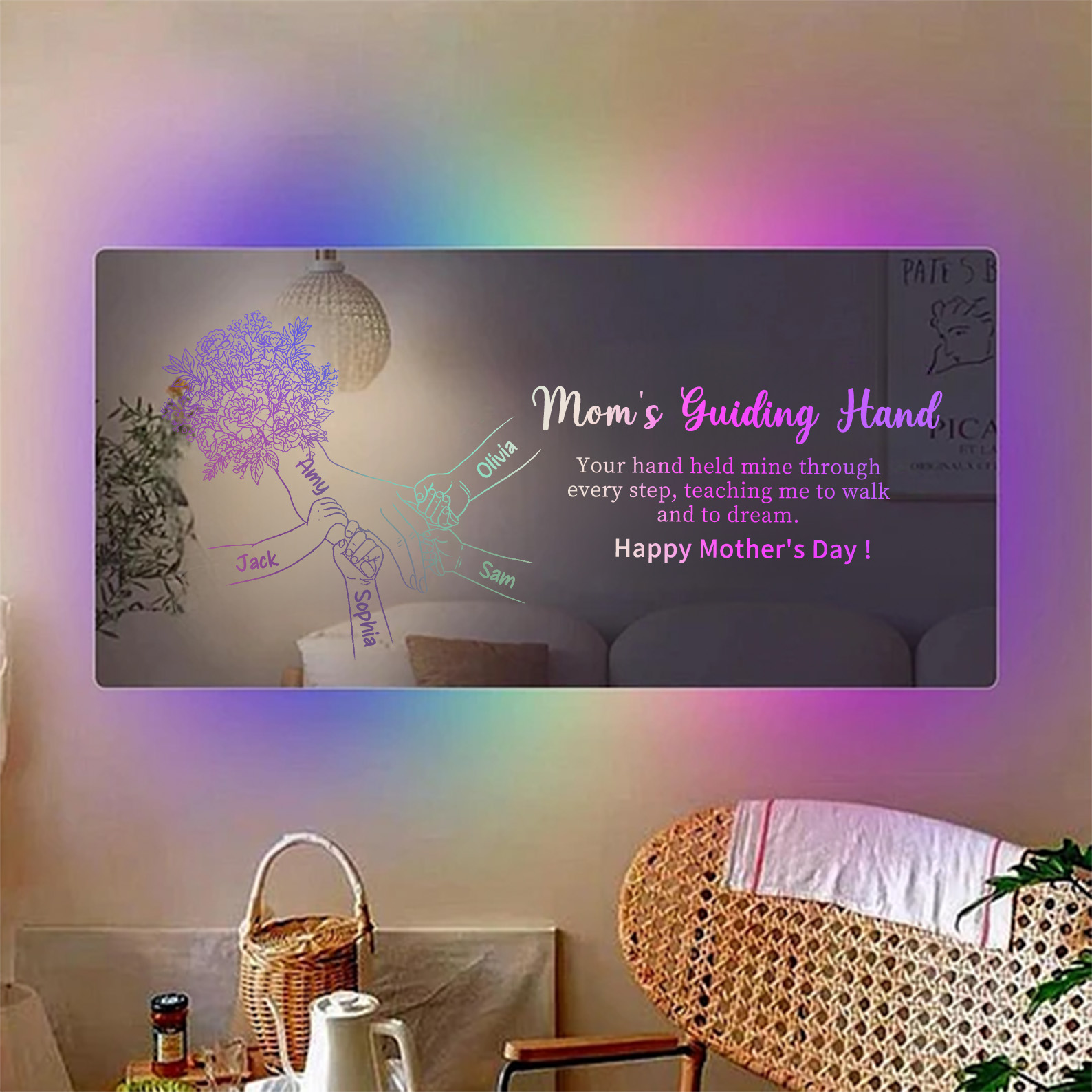 (Carnation) Personalized Mom Holding Hands Mirror Light - Custom Mother‘s Day Gifts for Mom