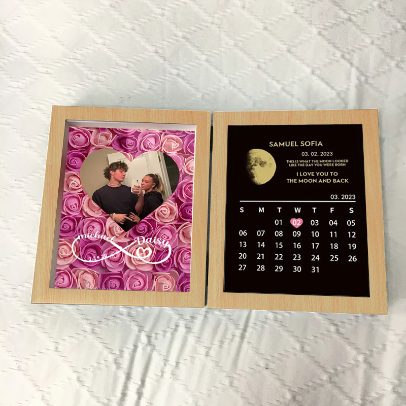 (Infinity Sign With Names) Custom Flowers Frame with REAL MOON PHASE Anniversary Calendar
