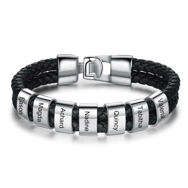 Personalised Braided Leather Bracelet Engraved 1 Name Men's Bracelet Gifts For Him