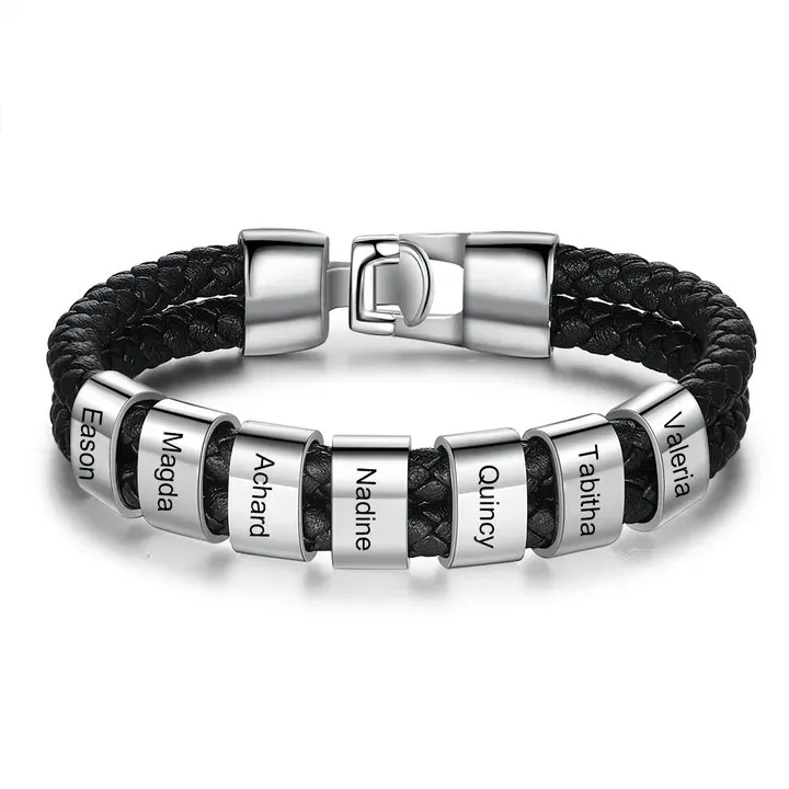 Personalised Braided Leather Bracelet Engraved 1 Name Men's Bracelet Gifts For Him