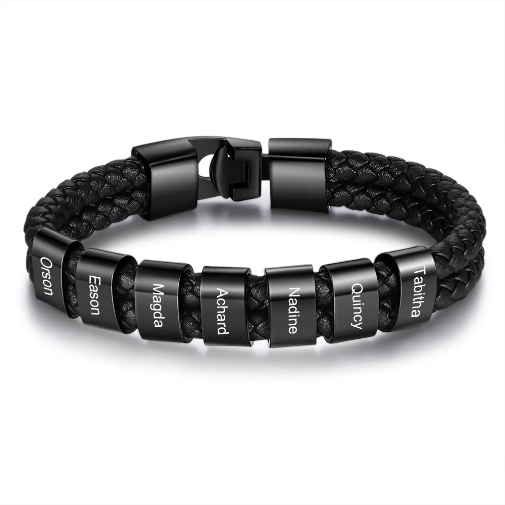 Personalised Braided Leather Bracelet Engraved 1 Name Men's Bracelet Gifts For Him