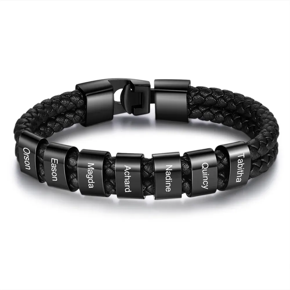 Personalised Braided Leather Bracelet Engraved 1 Name Men's Bracelet Gifts For Him