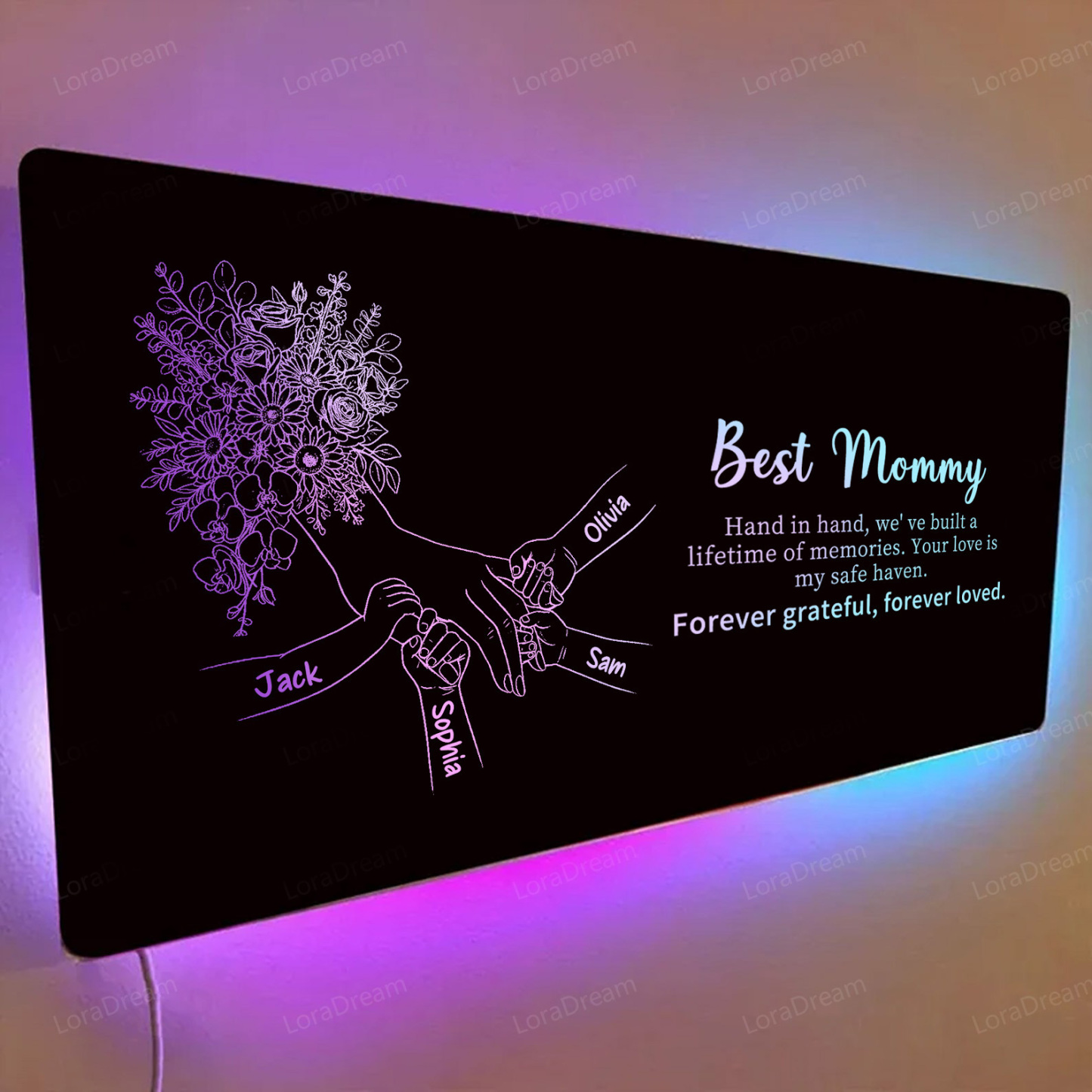 Custom Mom Holding Hands Mirror Light - Personalized Mother‘s Day Gifts with Choice of Bouquet for Mom