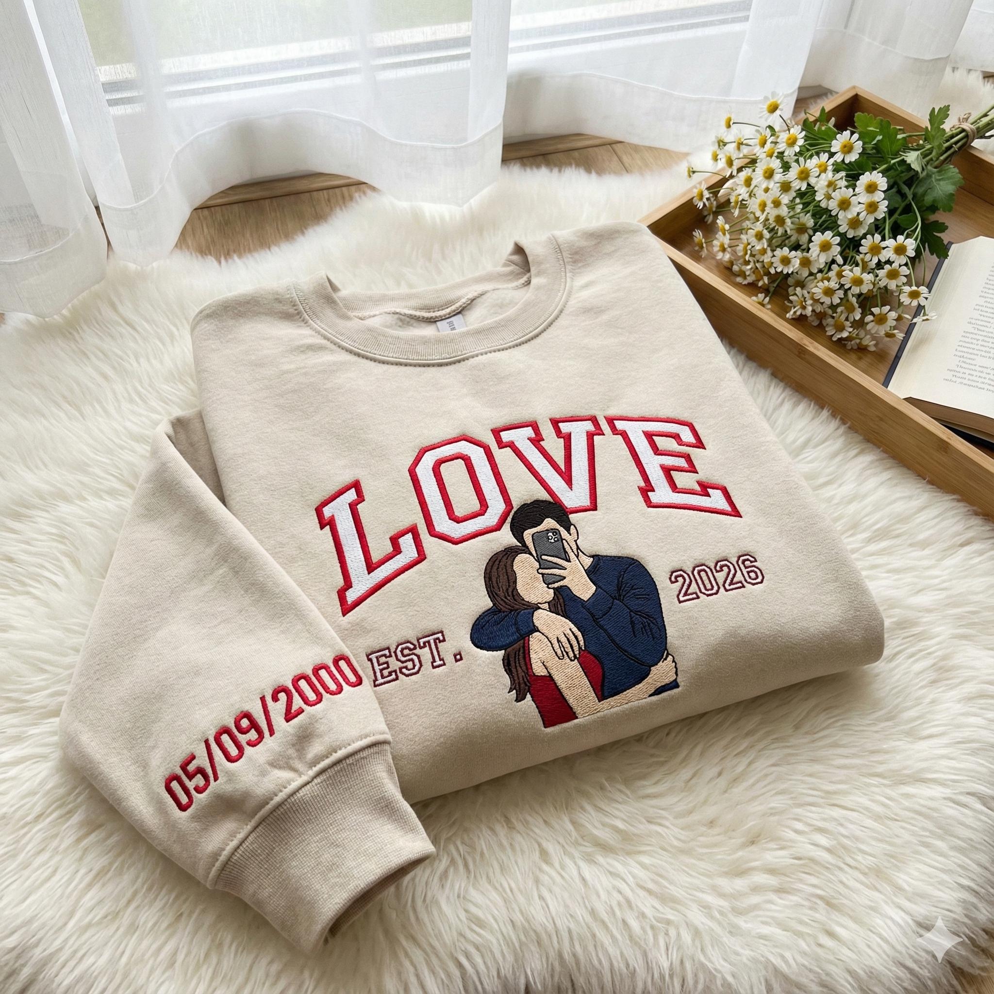 Custom Embroidered Couple Portrait Sweatshirt – Your Photo, Names & Anniversary Date