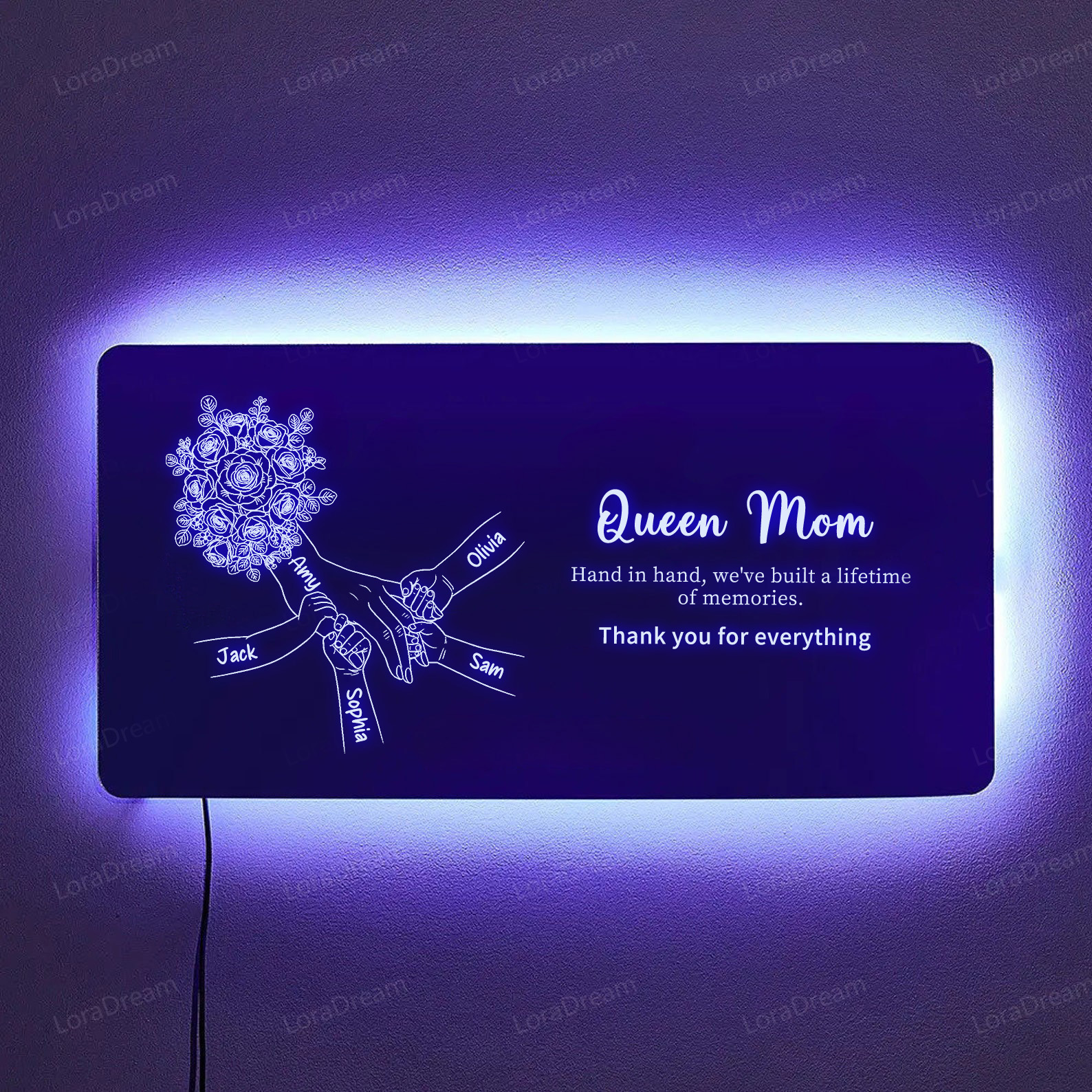 Custom Mom Holding Hands Mirror Light - Personalized Mother‘s Day Gifts with Choice of Bouquet for Mom
