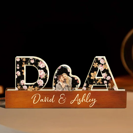 Couple Initials Floral Theme Anniversary Gift Personalized Acrylic Block LED Night Light
