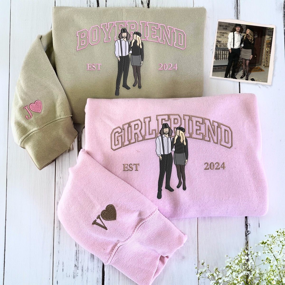 Boyfriend and Girlfriend Sweatshirt or Hoodie, Personalized Embroidered Valentine's Day Gifts For Him Her