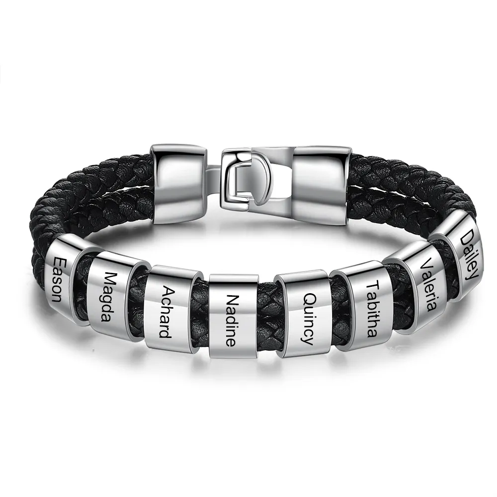 Personalised Braided Leather Bracelet Engraved 1 Name Men's Bracelet Gifts For Him