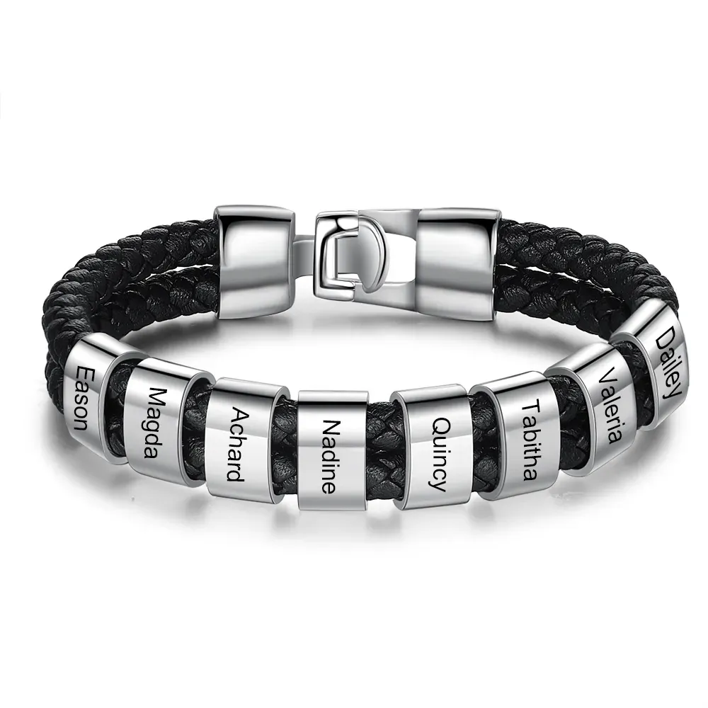 Personalised Braided Leather Bracelet Engraved 1 Name Men's Bracelet Gifts For Him