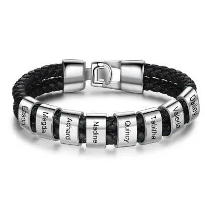 Personalised Braided Leather Bracelet Engraved 1 Name Men's Bracelet Gifts For Him
