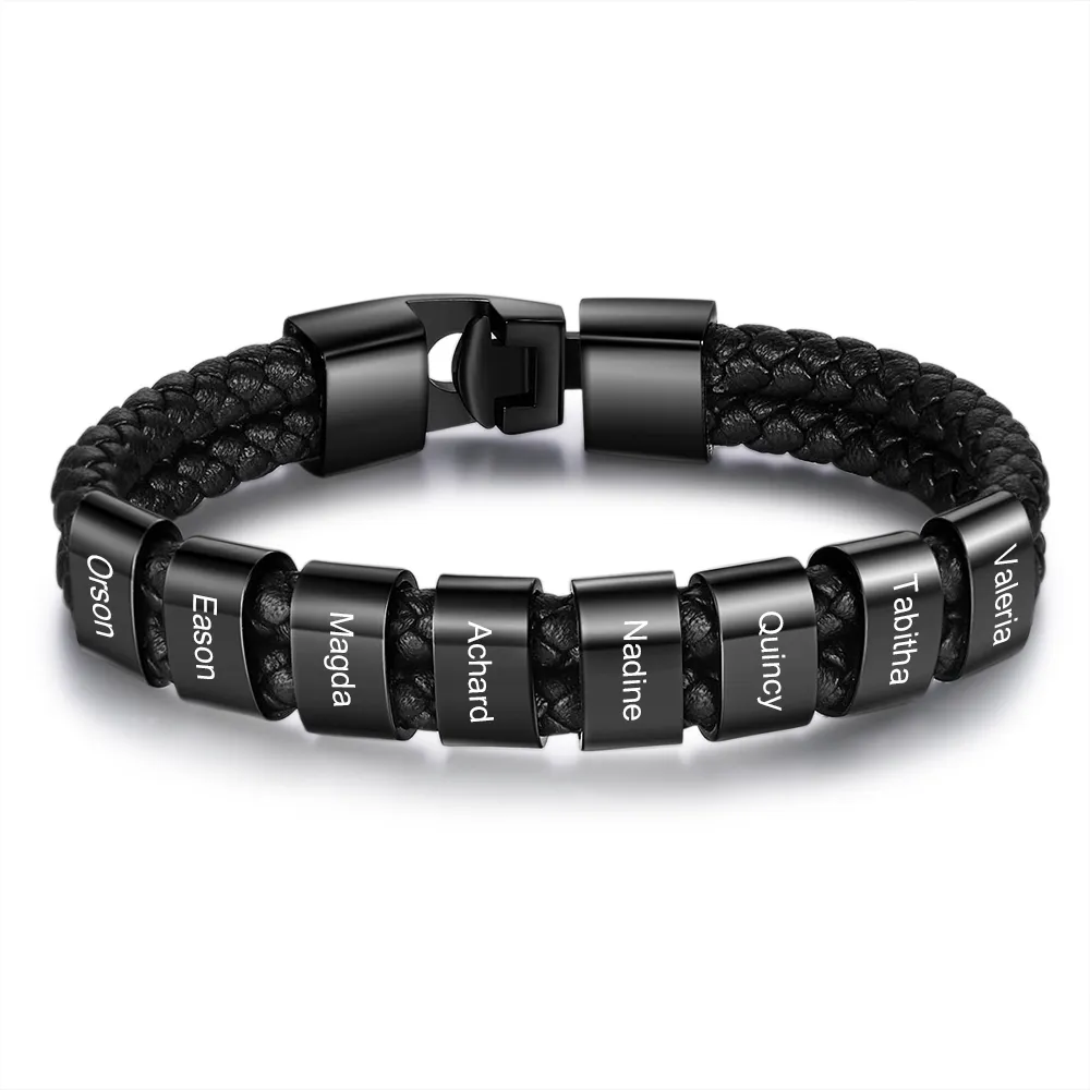 Personalised Braided Leather Bracelet Engraved 1 Name Men's Bracelet Gifts For Him