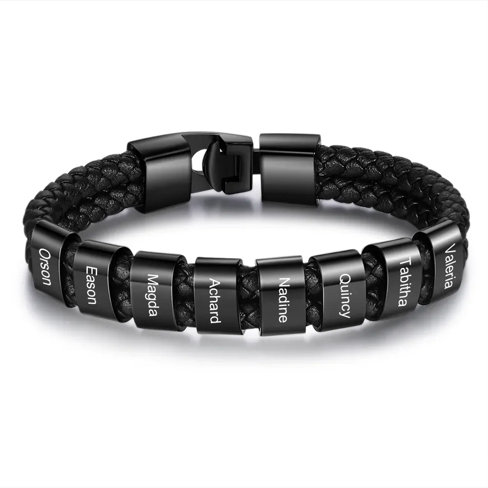 Personalised Braided Leather Bracelet Engraved 1 Name Men's Bracelet Gifts For Him