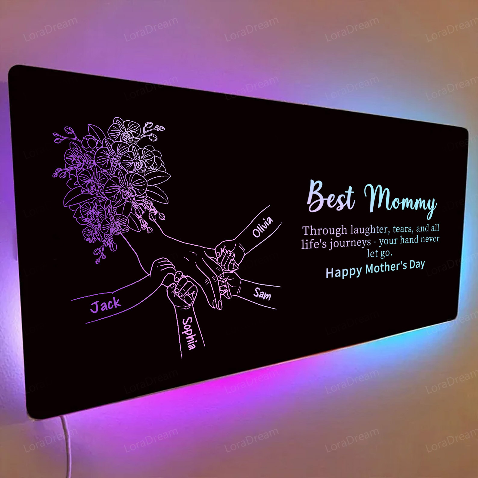 Custom Mom Holding Hands Mirror Light - Personalized Mother‘s Day Gifts with Choice of Bouquet for Mom