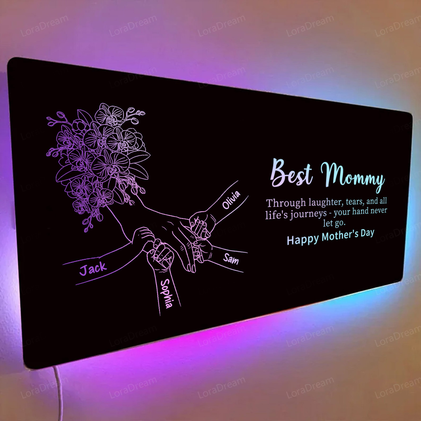 Custom Mom Holding Hands Mirror Light - Personalized Mother‘s Day Gifts with Choice of Bouquet for Mom