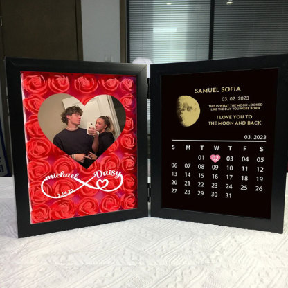 (Infinity Sign With Names) Custom Flowers Frame with REAL MOON PHASE Anniversary Calendar
