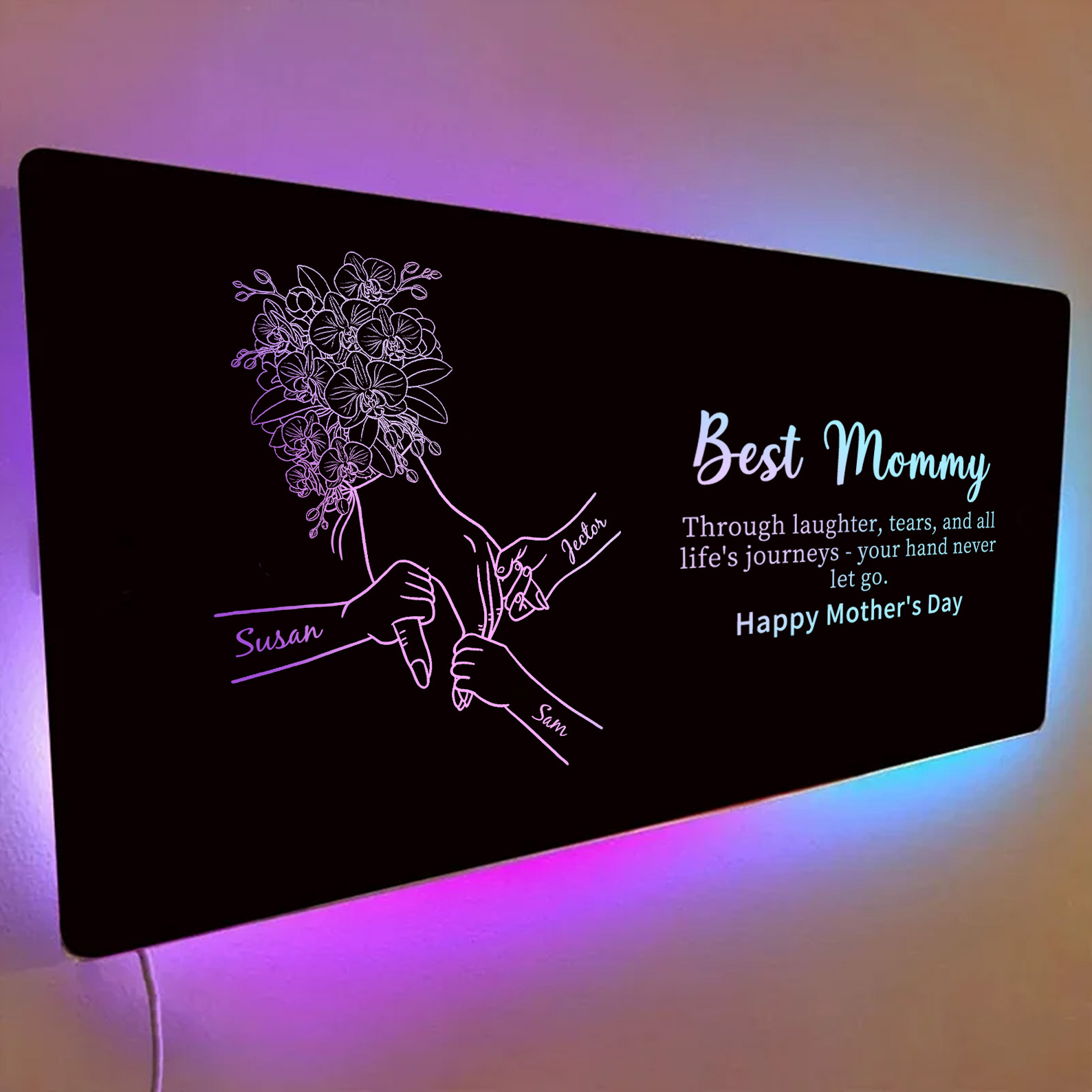 Custom Mom Holding Hands Mirror Light with Choice of Bouquet - Personalized Mother‘s Day Gifts for Mom