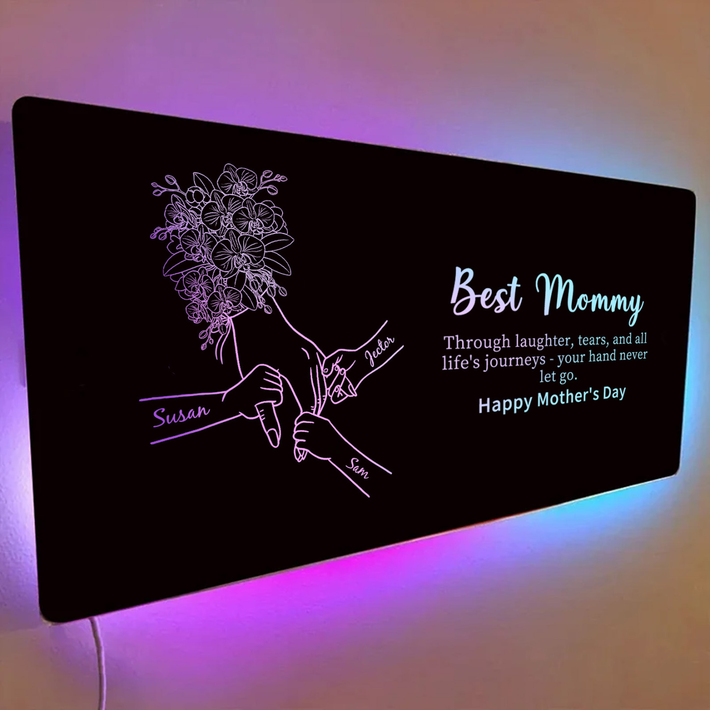 Custom Mom Holding Hands Mirror Light with Choice of Bouquet - Personalized Mother‘s Day Gifts for Mom