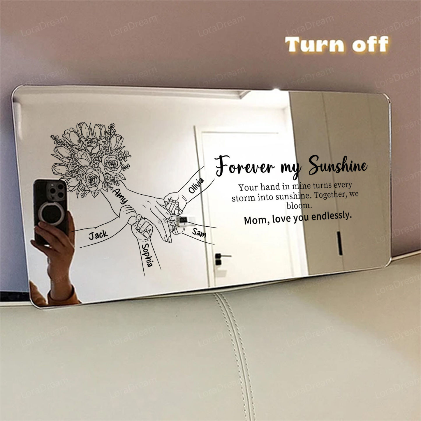 Custom Mom Holding Hands Mirror Light - Personalized Mother‘s Day Gifts with Choice of Bouquet for Mom