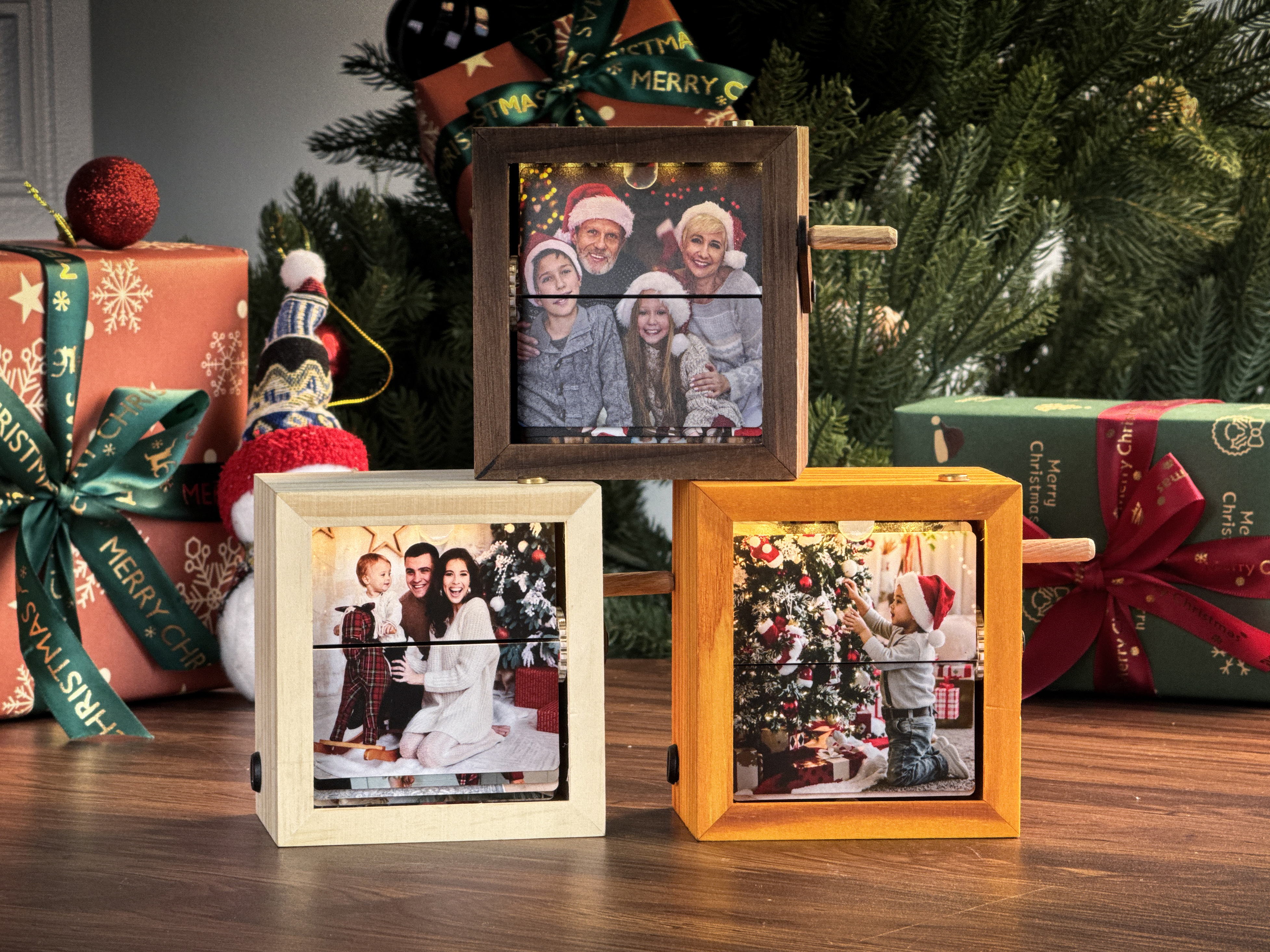 Custom Hand-Cranked Photo Flipbook Box with Light — Unique Family Christmas Gift
